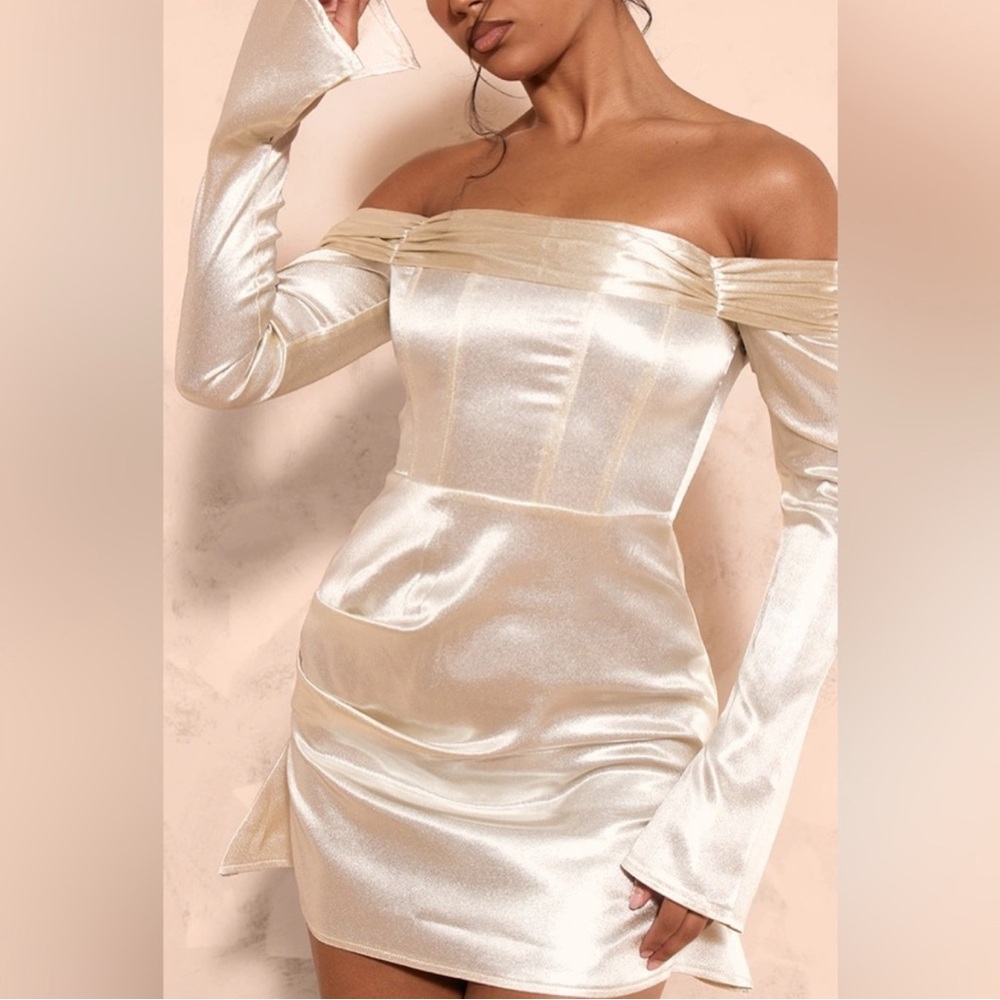 PrettyLittleThing Champagne Satin Off-Shoulder Mini Dress